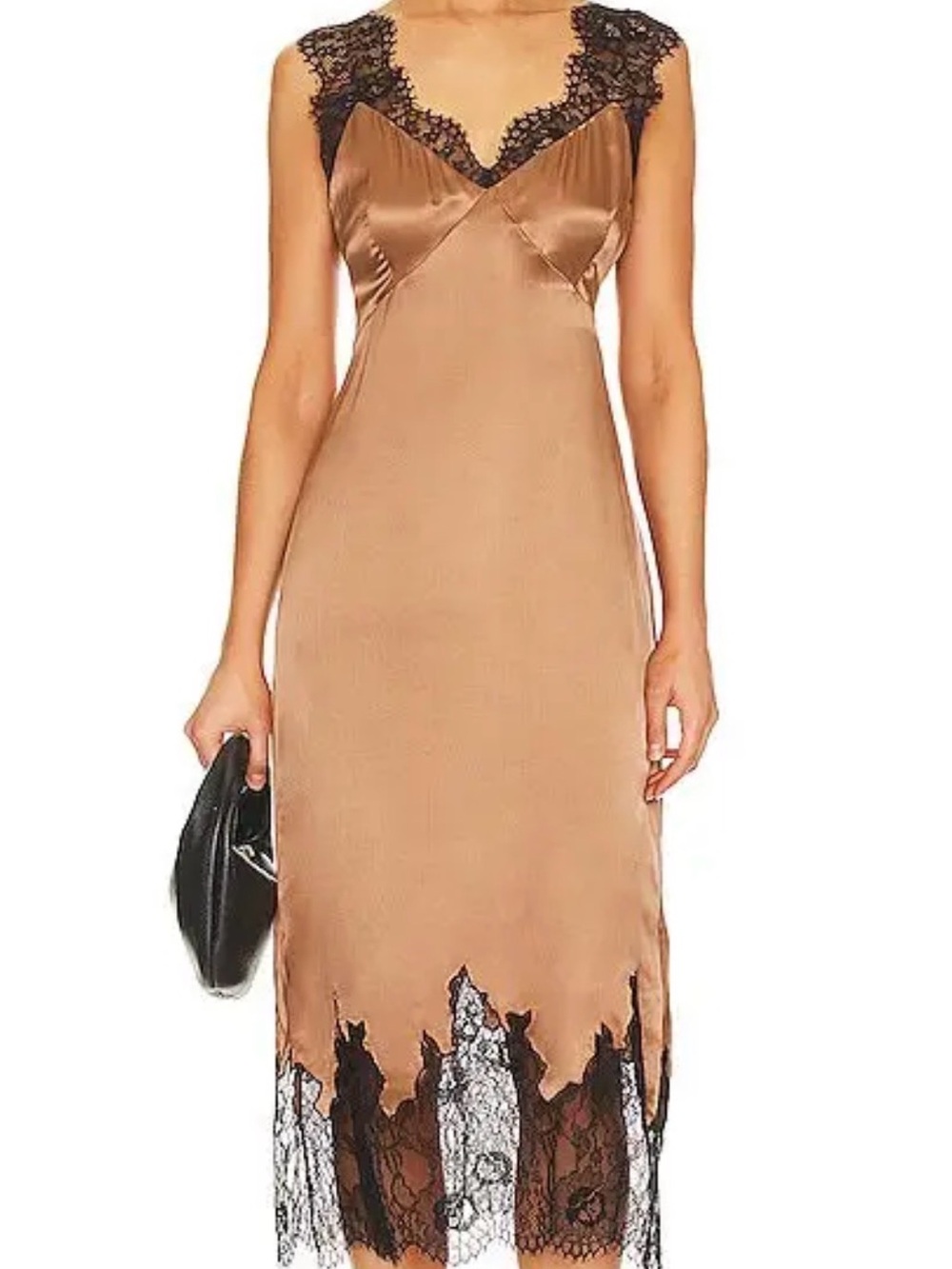 Cami NYC Bronze Satin Midi Slip Dress with Black Lace Trim